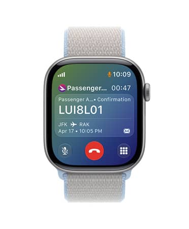 Apple Watch Series 11, Space Grey, bottom of screen shows an active phone call with airline customer service, top of screen shows relevant flight information including confirmation number, departure and arrival locations, flight date and time.