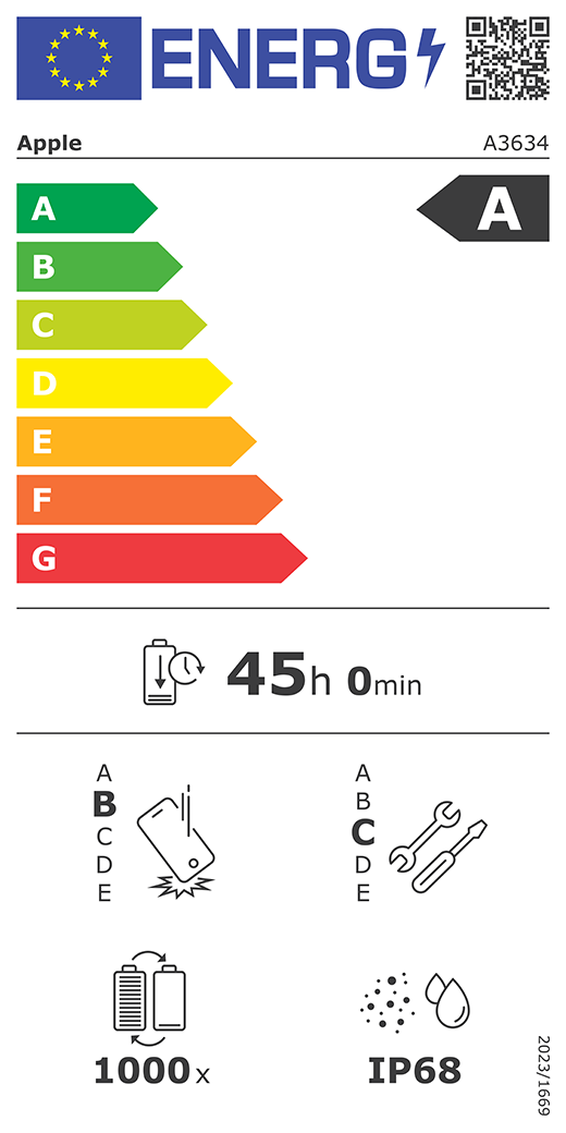 EU Energy Label QR code and information, Apple model A3634, class A, energy efficiency classes (with a scale from A to G), A (most efficient) to G (least efficient), battery endurance per cycle, 45 hours and 0 minutes per full battery charge, repeated free fall reliability class B, A (most robust) to E (least robust), repairability class C, A (most repairable) to E (least repairable), 1000 battery endurance in cycles, dust and water ingress protection (IP) rating IP68, regulation 2023/1669