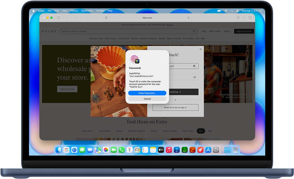MacBook Neo, indigo color, Safari prompting user to log in using Touch ID or password to website titled Community Care Clinic