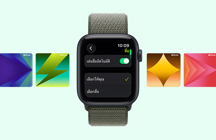 Apple Watch SE 3, ตัวเรือนอะลูมิเนียม, สีมิดไนท์, คำแนะนำสำหรับเพลย์ลิสต์การออกกำลังกายของ Apple Music, สาย, สายแบบ Sport Loop, สีเขียวฟอเรสต์