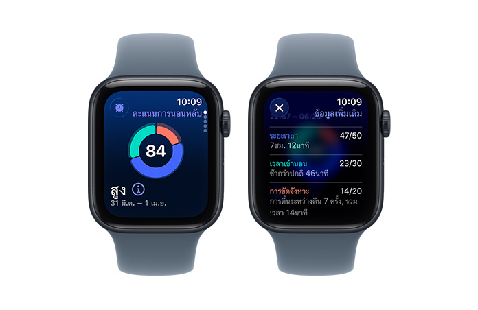 Apple Watch SE 3, คะแนนการนอนหลับ, กราฟวงกลมและตัวเลขคะแนน, ระดับการนอนหลับวิเคราะห์ข้อมูลสำหรับระดับหลับตื้น หลับฝัน หลับจริง และหลับลึก