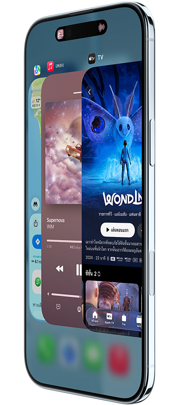 iPhone Air, ภายนอกด้านหน้า, ภายนอกด้านข้าง, พร้อมแอปแผนที่ เพลง และ Apple TV, แสดงคุณสมบัติแถบสลับแอปขณะกำลังใช้งาน