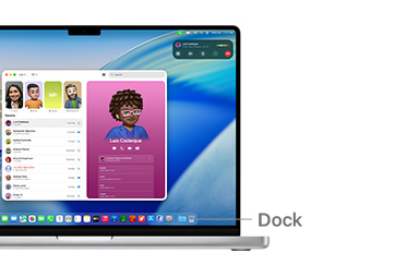 วิดีโอแนะนำการไปยังส่วนต่างๆ ใน macOS บน MacBook Pro รุ่น 14″ พร้อมเส้นที่ระบุตำแหน่งของ Dock