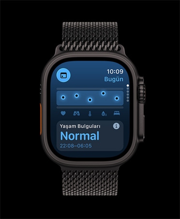 Apple Watch Ultra 3, siyah renk, titanyum kasa, Yaşam Bulguları uygulaması, sağlık skoru grafiği, Gece Boyu Ölçülen Yaşam Bulguları uç değerler bildirimi, kordon, siyah Milanese Loop