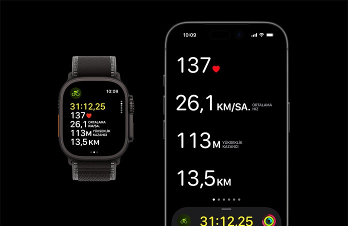Apple Watch Ultra 3, siyah renk, titanyum kasa, Trail Loop, siyah/kömür rengi, iPhone, her iki aygıtta aktif antrenman ölçümleri açık
