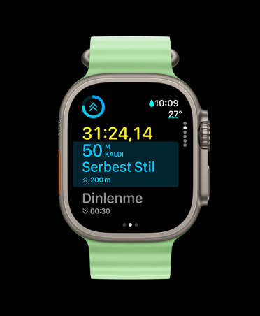Apple Watch Ultra 3, natürel renk, titanyum kasa, Antrenman uygulaması, özel antrenman kartı, Sıradaki antrenman görünümü, neon yeşil Ocean Kordon