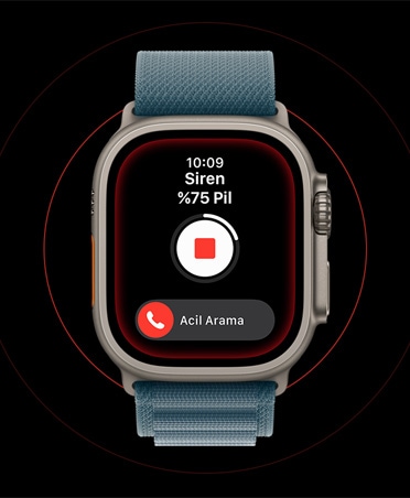 Apple Watch Ultra 3, natürel renk, titanyum kasa, etkin Siren ekranı, durdurma ve SOS Acil Arama düğmeleri, kordon, demir mavisi Alpine Loop