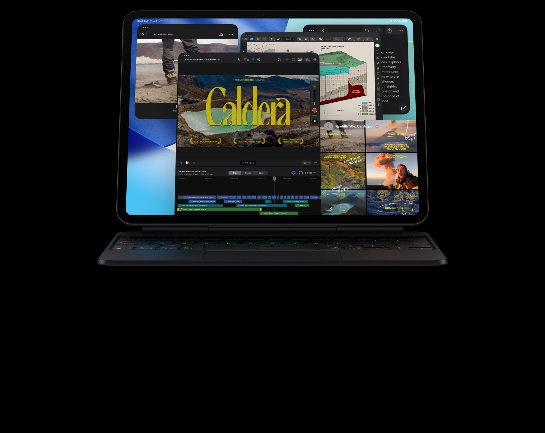 iPad Pro, передня панель, альбомна орієнтація, колір космічний чорний, підключений до клавіатури Magic Keyboard, колір космічний чорний, дисплей із декількома вікнами додатків: Final Cut Pro з декількома функціями редагування відео та часовою шкалою, «Карти», «Нотатки», медіакліпи