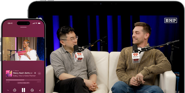 A video podcast episode playing on screen in Apple Podcasts