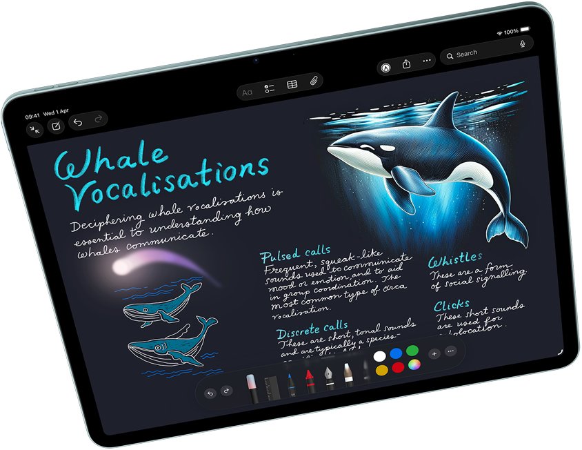 Landscape view of iPad Air showcasing Apple Intelligence with Image Wand in Notes, Apple Pencil Pro