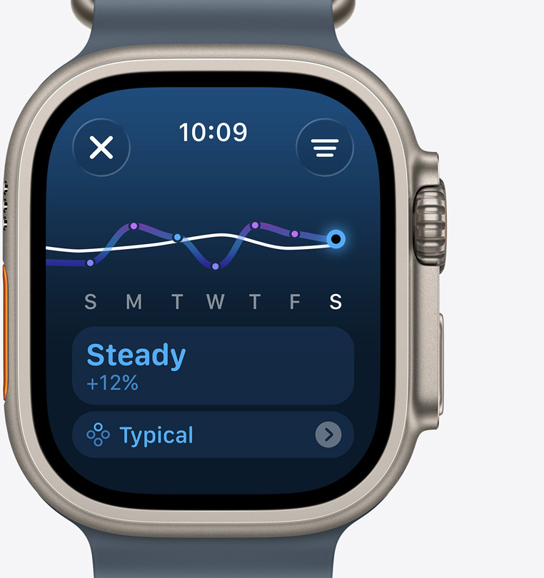 Apple Watch Ultra 3, titanium case, natural color, training load screen indicates steady increase in training