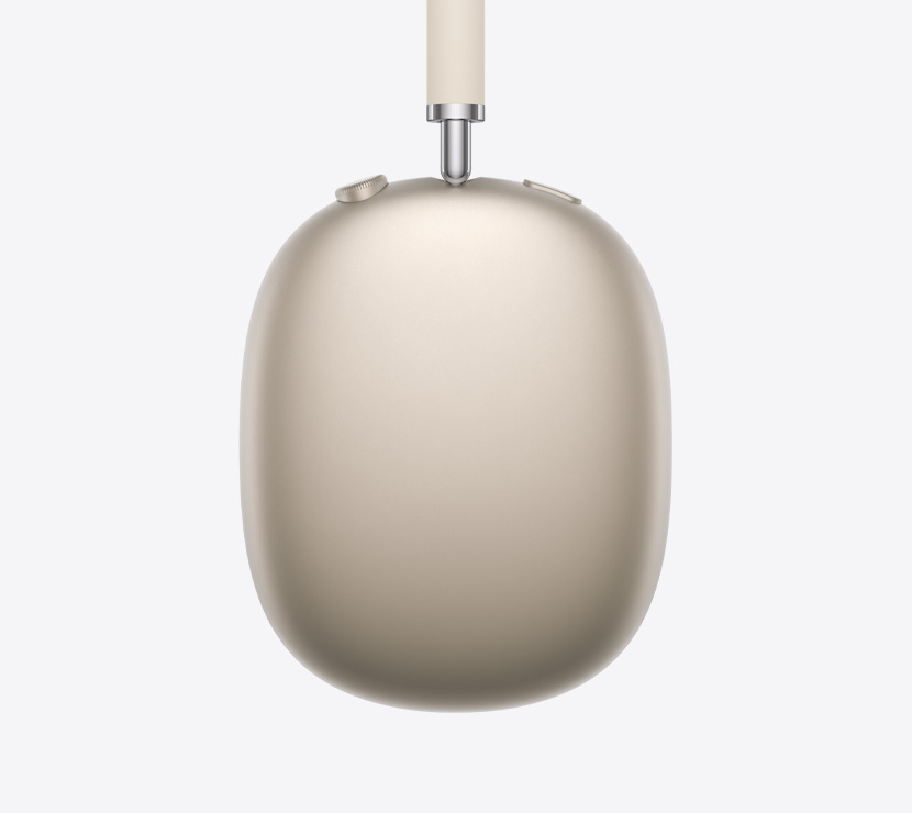 AirPods Max 2 headphones, side exterior, starlight color, detail of telescoping arm, ear cushion, Digital Crown and noise control button