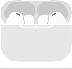 Boceto de unos AirPods Pro 3 dentro de un estuche de carga MagSafe (USB-C), diseño redondeado, indicador de carga LED, estuche abierto, ancho en pulgadas y milímetros