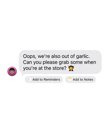 A received iMessage with two suggested action buttons below: Add to Reminders and Add to Notes