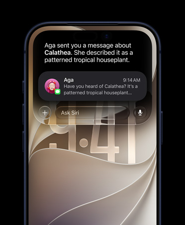 iPhone 17 Pro, Deep Blue, front screen, displaying a Siri AI query about the houseplant mentioned in a Messages conversation.