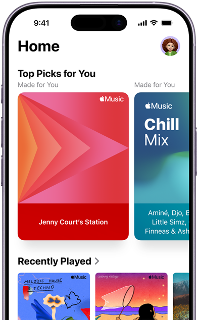Onglet Accueil d’Apple Music sur iPhone, Catégorie Pour vous montrant les playlists et stations personnalisées de Jenny Court