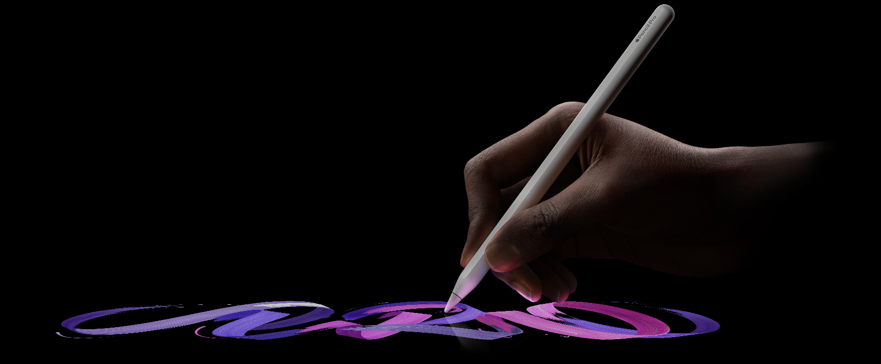 Apple Pencil Prót tartó kéz animációja, a felhasználó élénk színű ecsetvonást húz