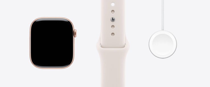 Apple Watch Series 11, aluminum case, rose gold colour, front exterior, edge-to-edge display, light blush Sport Band, Apple Watch Magnetic Fast Charger to USB-C Cable