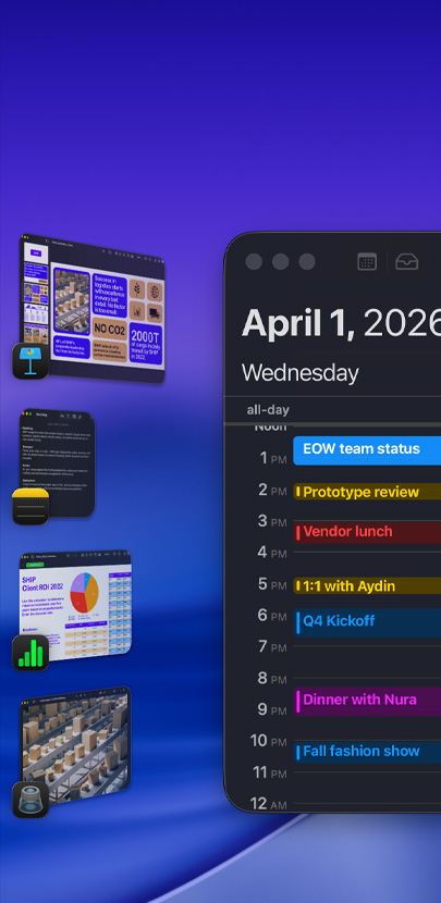 Various iOS apps displayed on a desktop using Stage Manager, the Calendar app showing a schedule is prominently displayed.