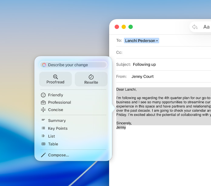 App Mail con un panel de Herramientas de Escritura de Apple Intelligence que muestra opciones para revisar, reescribir y ajustar el tono