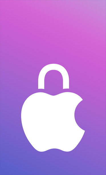 Logo de Apple con el ícono de un candado superpuesto, fondo degradado morado