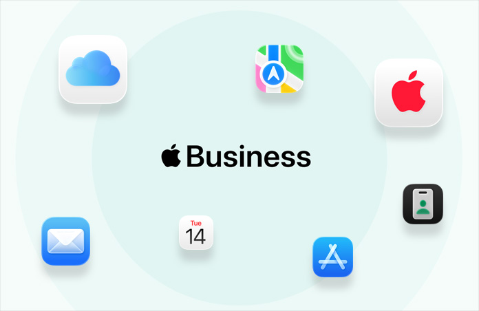 Apple Business umgeben von App Symbolen: iCloud, Karten, AppleCare, Mail, Kalender, App Store, Apple Business App