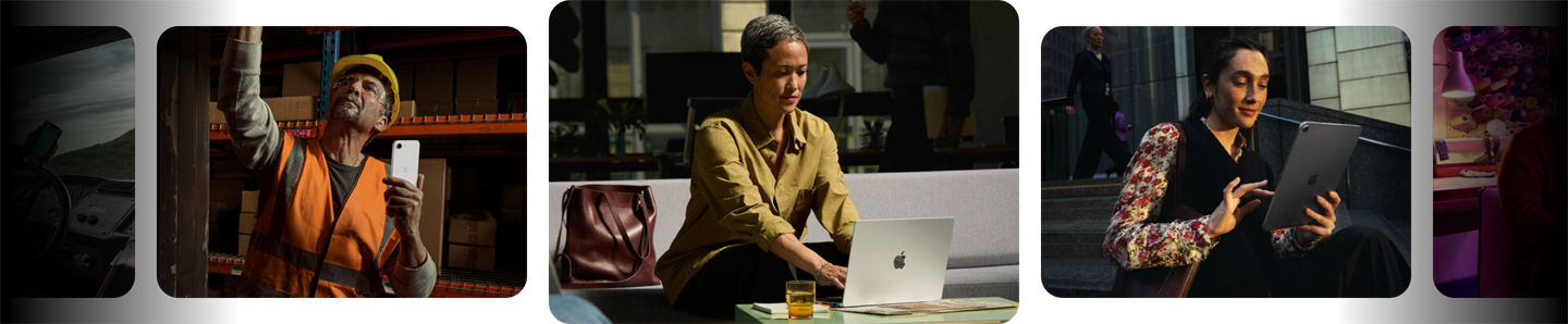 Varias personas realizan distintos tipos de trabajo interactuando con una MacBook, un iPhone y un iPad