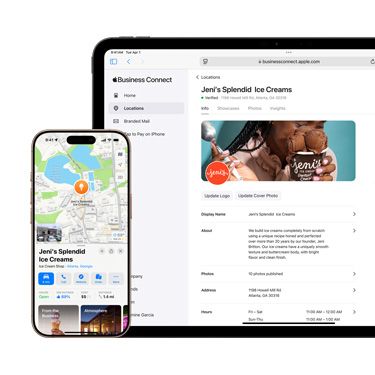 Widok z przodu na iPada z otwartą platformą Apple Business Connect wykorzystywaną w firmie. Przed iPadem znajduje się iPhone z wyświetlonym profilem firmy w Mapach.