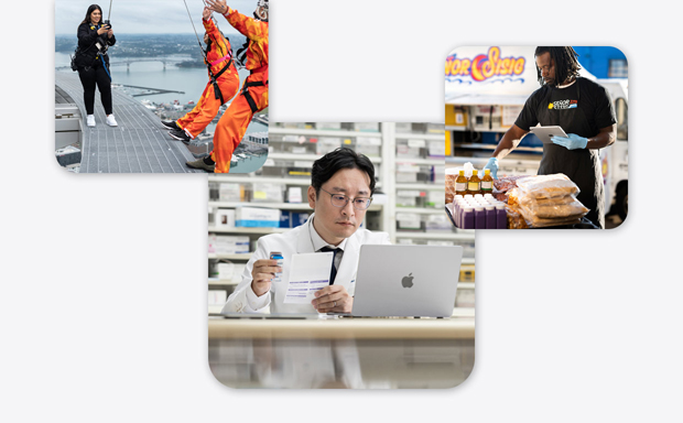Vários pequenos negócios, incluindo um farmacêutico de jaleco interagindo com um MacBook, um instrutor de bungee jump usando um iPhone para tirar uma foto de duas pessoas prestes a saltar e um homem segurando um iPad enquanto interage com produtos alimentícios