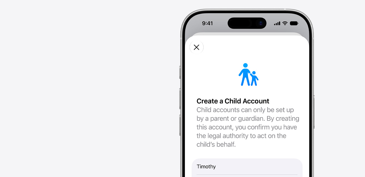 iPhone displaying Child Account setup interface with icon of an adult and child above fields for the child's name.
