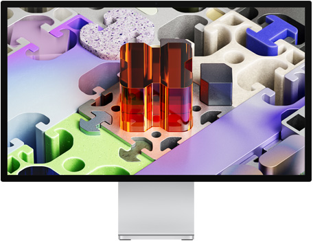 Front of Studio Display XDR with a three-dimensional puzzle-like wallpaper