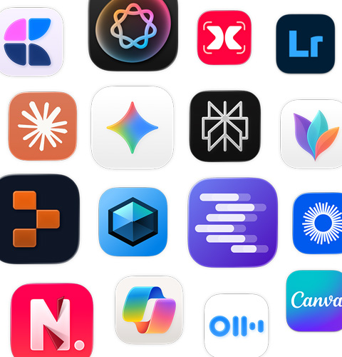 En samling AI-appikoner, inklusive MindNode, Adobe Lightroom, Claude och Google Gemini