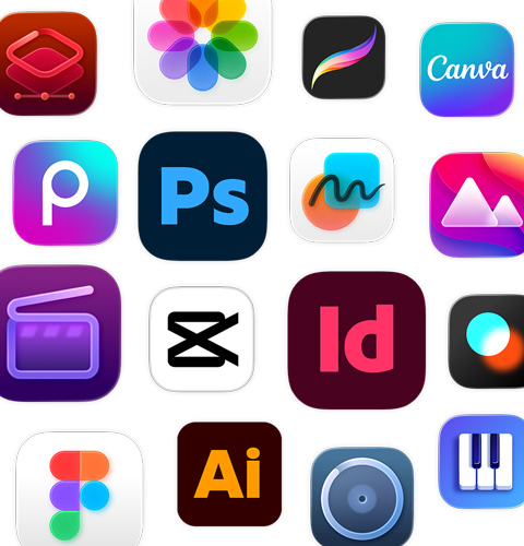 En samling ikoner för kreativitetsappar, inklusive Adobe Illustrator, Canva, CapCut och Figma