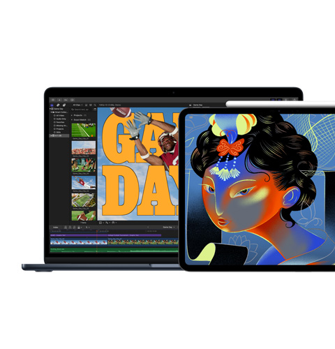 Mac-skärmen visar Final Cut Pro, iPad-skärmen visar Procreate Dreams