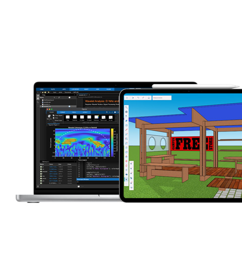 Mac-skärm som visar MATLAB, iPad-skärm som visar Shapr3D