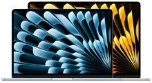 MacBook Air-datorer, den mindre framför den större, öppna, livfulla bakgrundsbilder med abstrakt design i blått och gult.