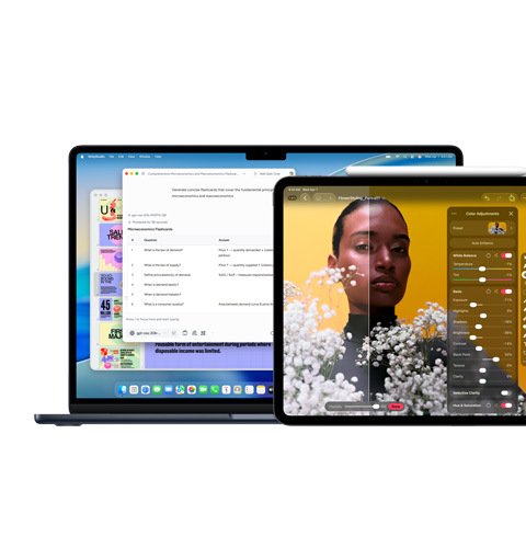 A Mac screen showing Apple Intelligence, an iPad screen showing Pixelmator Pro