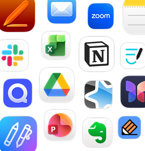 An array of productivity app icons, including Google Drive, Evernote, Slack, and Quizlet