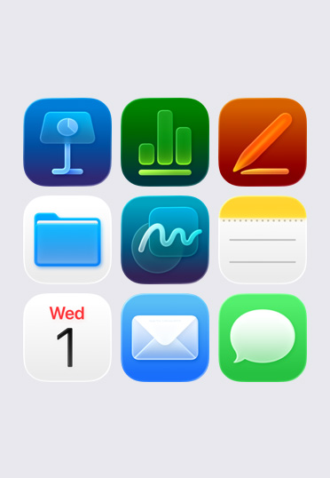 Apple app icons, arranged in a 3x3 grid, including: Keynote, Numbers, Pages, Files, Notes, and Calendar.