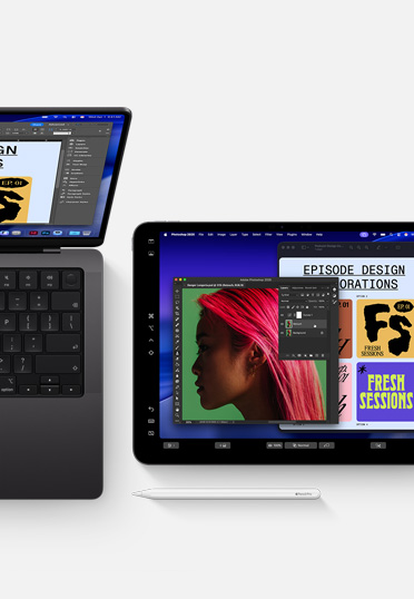 MacBook and iPad with Apple Pencil, both screens displaying the same graphic design software to show continuity between devices.