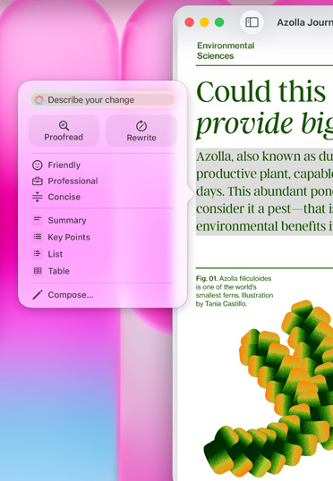 An article in Pages, featuring an Apple Intelligence prompt with options to summarize the highlighted text, make it more concise, and more.