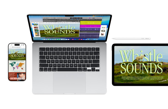 A Mac, iPhone, Apple Pencil, and iPad display the same Whistle Sounds project across screens, showing how Apple devices work together seamlessly