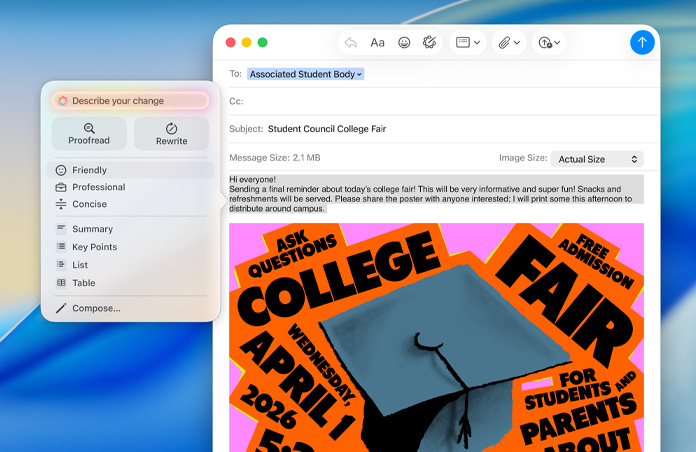 A college fair email in Mail on Mac, with Apple Intelligence Writing Tools open, and options to proofread or rewrite the tone