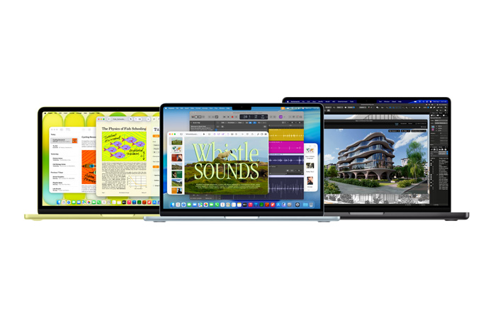 MacBook Neo in Citrus, MacBook Air in silver, and MacBook Pro in Space Black show variety of performance in the Mac family