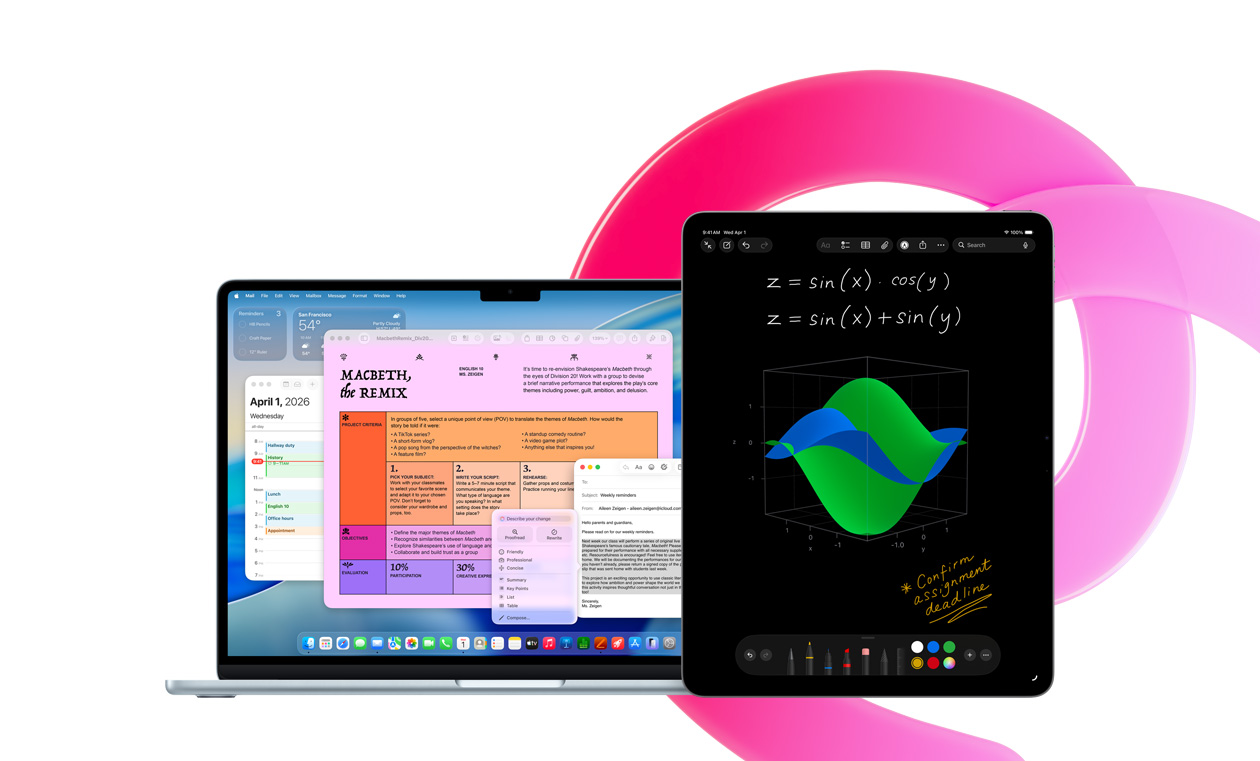 MacBook Air 正顯示 Pages、日曆、提示和郵件，旁邊的 iPad 則顯示數學備忘錄中的手寫方程式，以展示內置 app 的生產力