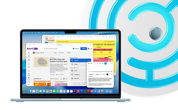 スカイブルーのMacBook。開いた画面には、Keynote、メール、SafariでKahoot!の「BIO-200 Muscular System Practice Quiz」という教育用コンテンツが表示されている