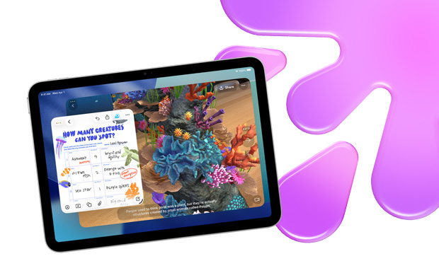 iPad 在 Freeform 和 JigSpace 中顯示水族館圖像的尋寶遊戲，以突顯創意功能