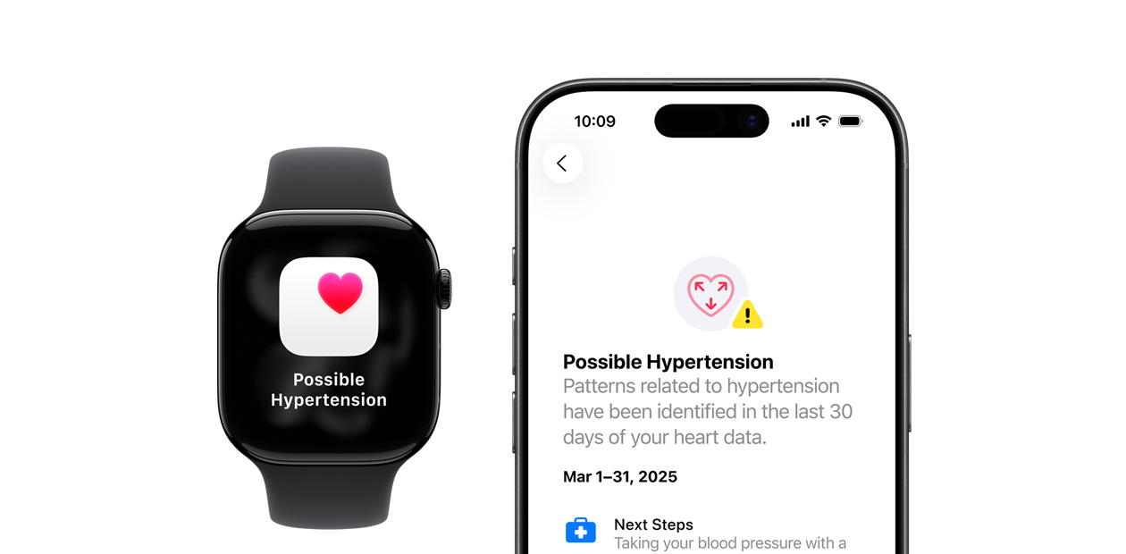 Eine Apple Watch und ein iPhone zeigen eine Mitteilung über möglichen Bluthochdruck an.