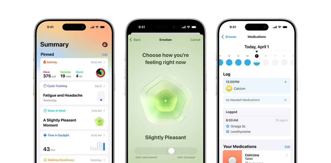 Tre iPhone che mostrano l’app Salute di Apple.