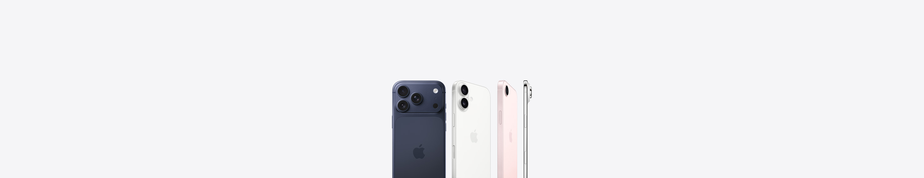 iPhone 17 Pro, exterior spate, culoare Albastru profund, sistem de camere Pro Fusion în colțul din stânga sus, logo Apple în centru, iPhone 17, exterior spate, culoare Alb, sistem de camere Dual Fusion în colțul din stânga sus, logo Apple în centru, iPhone 17e, exterior spate, culoare Roz pal, sistem de camere Fusion în colțul din stânga sus, logo Apple în centru, iPhone Air, lateral, profil cadru din titan, sistem de camere Fusion în colțul din stânga sus
